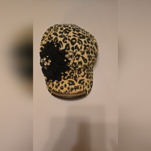 Olive & Pique Leopard Hat With Black Embellished Flower Factory Distressed